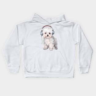 Watercolor Bichon Frise Dog with Headphones Kids Hoodie